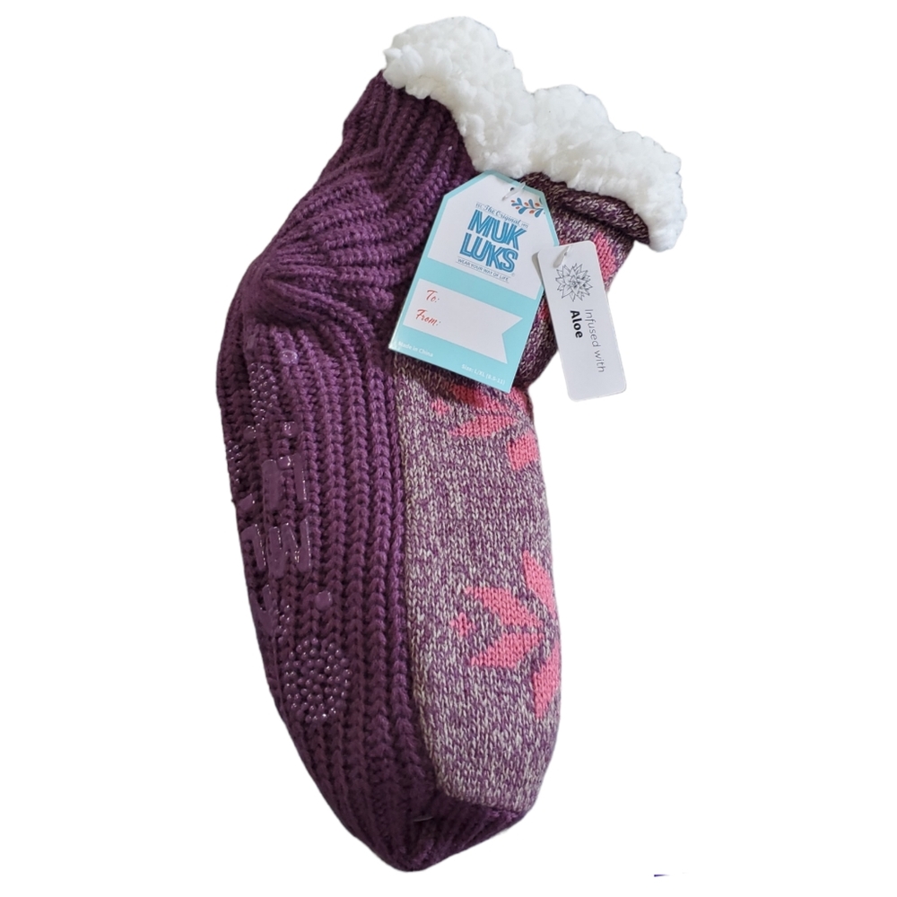 Muk Luks Aloe Infused Cabin Slipper Socks Faux Shearling Purple L/XL 8.5-11
